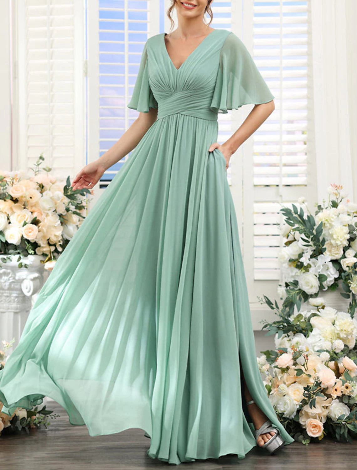 A-Line Bridesmaid Dress V Neck Short Sleeve Elegant Floor Length Chiffon with Split Front Score Big On Glamorous Red - Carpet Styles