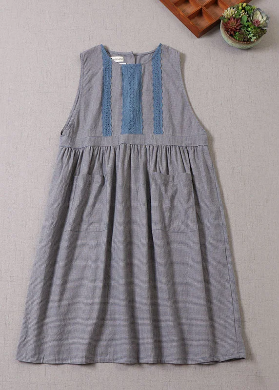 Handmade Blue Plaid Pockets Vacation Dresses Sleeveless Save On Classic Elegant Styles