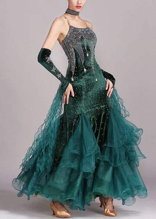 Chic Blackish Green Zircon Tulle Patchwork Spaghetti Strap Dress Sleeveless Score Big On Glamorous Red - Carpet Styles