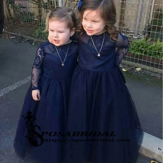 Navy Blue Top Lace Tulle Long Sleeves V-Back Soft Discount Custom Flower Girl Dresses with bow , FG129 Big Savings On Minimalist Office Styles