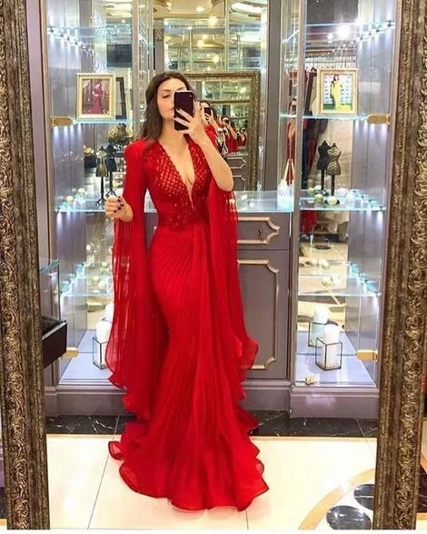 Sexy V neck Red Long Prom Dresses, Mermaid Evening Gowns    cg14649 Feminine Soft - Hued Look