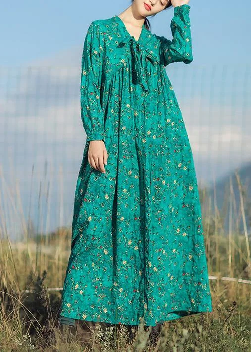 Beautiful v neck long sleeve linen clothes For Women Runway green print Dresses summer Great Prices On Feminine Styles