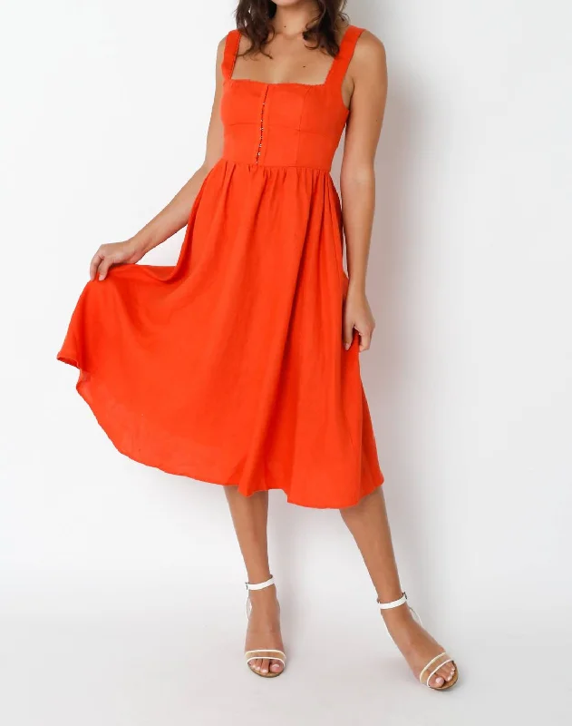 Square Neck Linen Midi Dress In Orange Spring Fashion