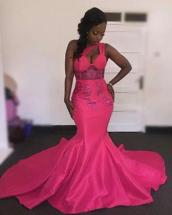 Hot Pink Fuchsia Mermaid African Girl Black Girl Prom Dresses One Shoulder Appliques Evening Formal Gowns   cg21147 Art Deco Geometric Pattern Look