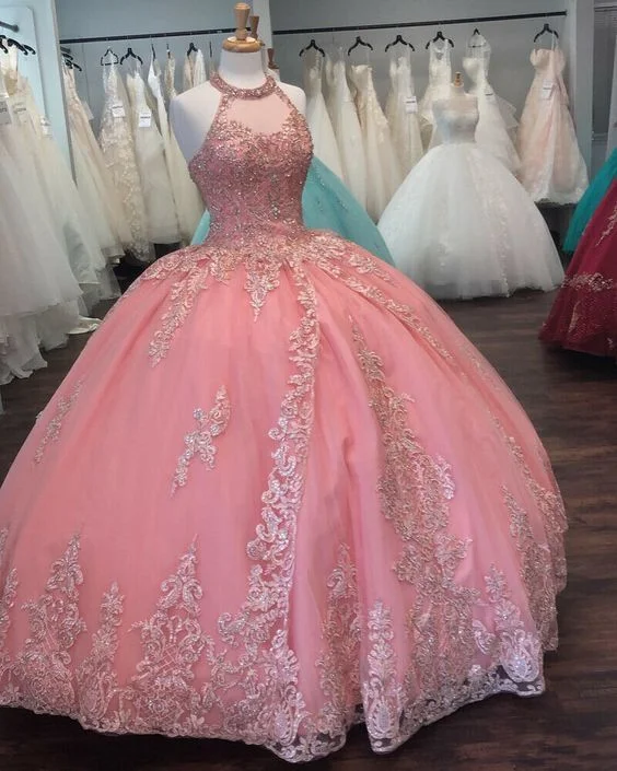 Pink Halter Ball Gown Dress, Lace Prom Dress    cg15224 Chic Style