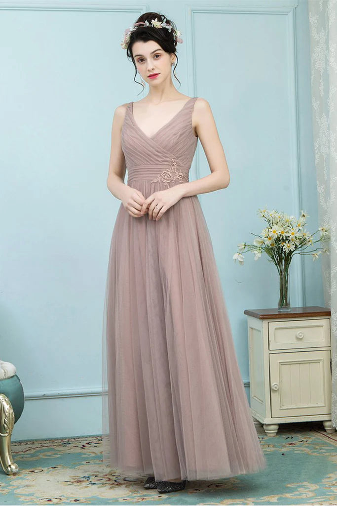 Bridget Floor Length Sleeveless V-Neck Tulle A-Line/Princess Natural Waist Bridesmaid Dresses Seasonal Sale