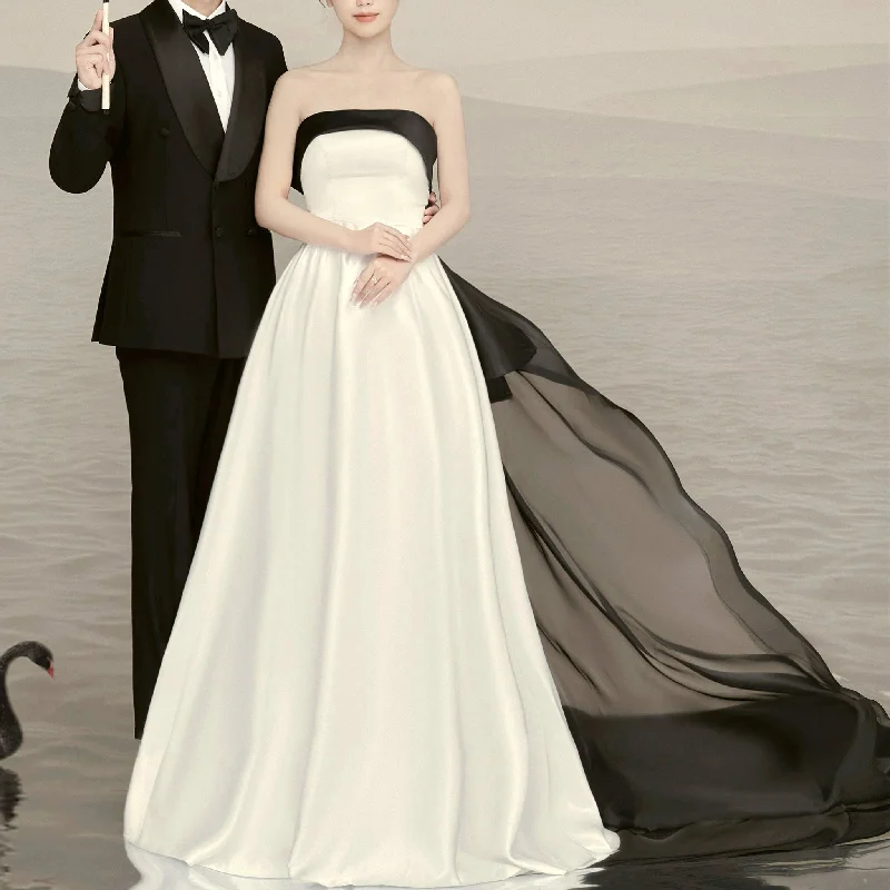 Black and White A-line Satin Wedding Dresses Bridal Gowns Summer Splash Sale