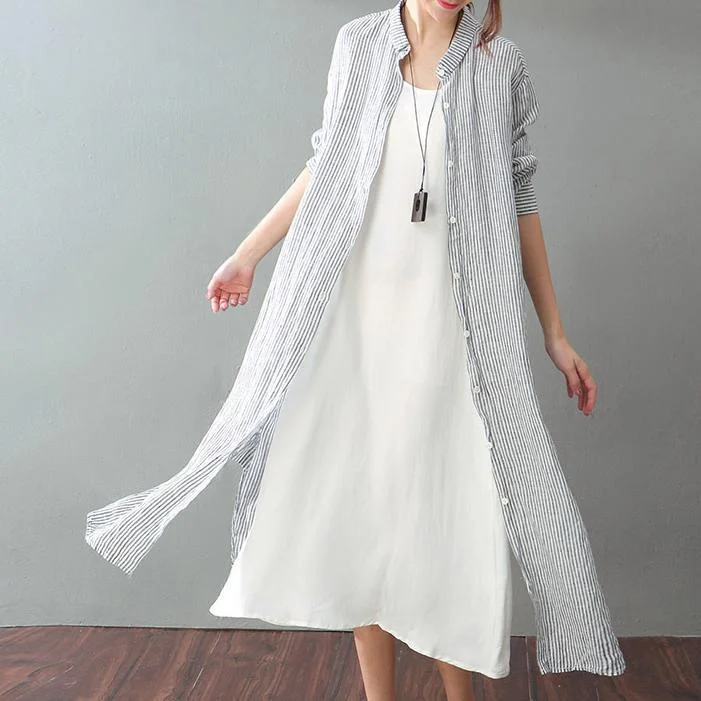 fine gray striped natural cotton linen dress plus size clothing women long sleeve baggy dresses Disco - Inspired Retro Dance Look