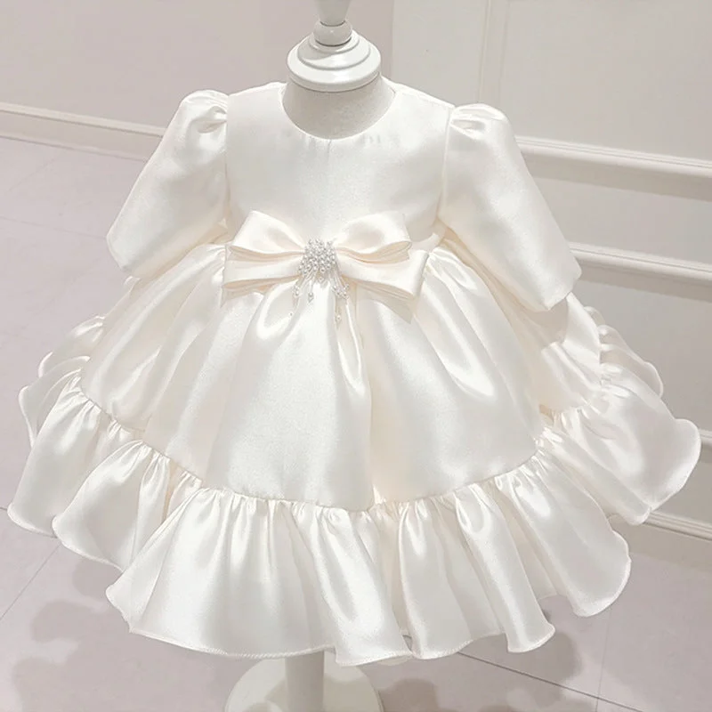 Elegant Baby Girls Satin First Birthday Dresses Toddler Baptism Dresses Romantic Detailing