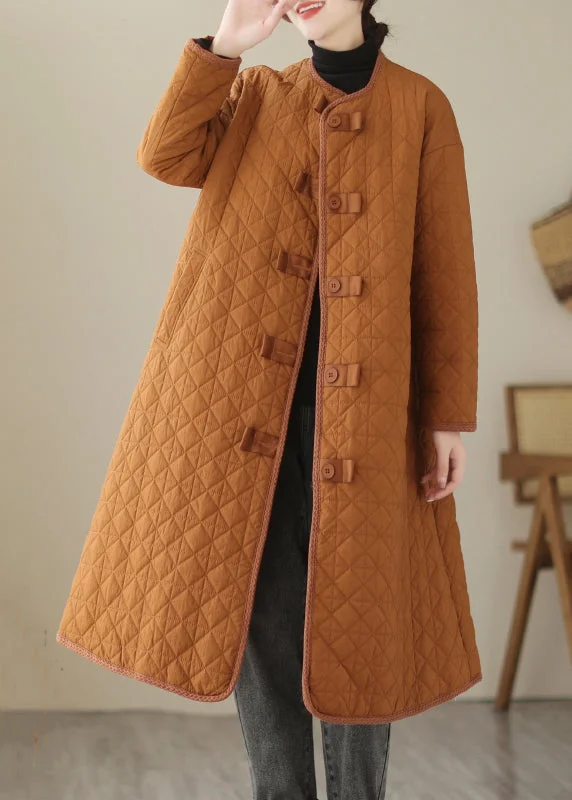 Women Caramel Button Pockets Cotton Filled Parka Long Sleeve Art Deco Geometric Pattern Look