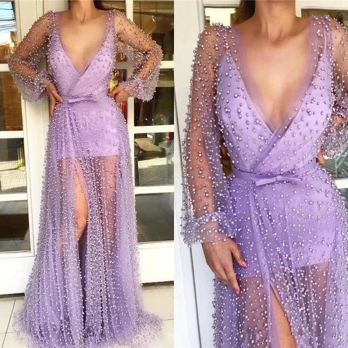 Lavender Pearls Split Side Sexy Prom Dresses 2020 Deep V Neck A Line Full Length Long Sleeves Evening Gowns   cg13526 Limited Styles