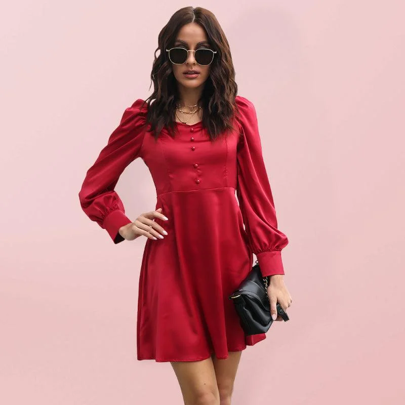 Women's color satin love collar bubble sleeve French Long Sleeve Dress Summer Splash Sale