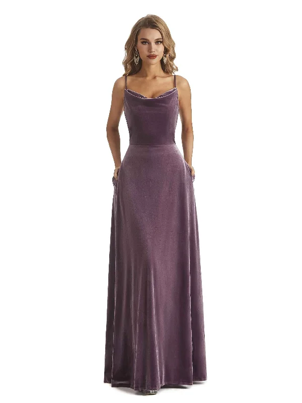 Elegant Mermaid Cowl Spaghetti Straps Velvet Long Wedding Guest Dresses Classic Timeless Elegant Style