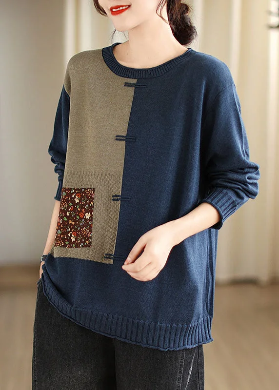 Blue O-Neck Button Cozy Cotton Knit Sweater Long Sleeve Early Access To Art Deco Styles Sale