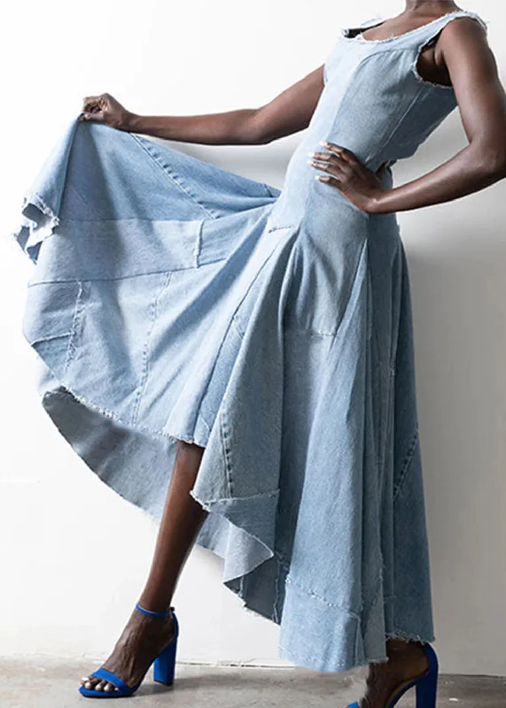 Style Light Blue Asymmetrical Design Patchwork Denim Dress Sleeveless Boho - Chic Festival - Ready Style