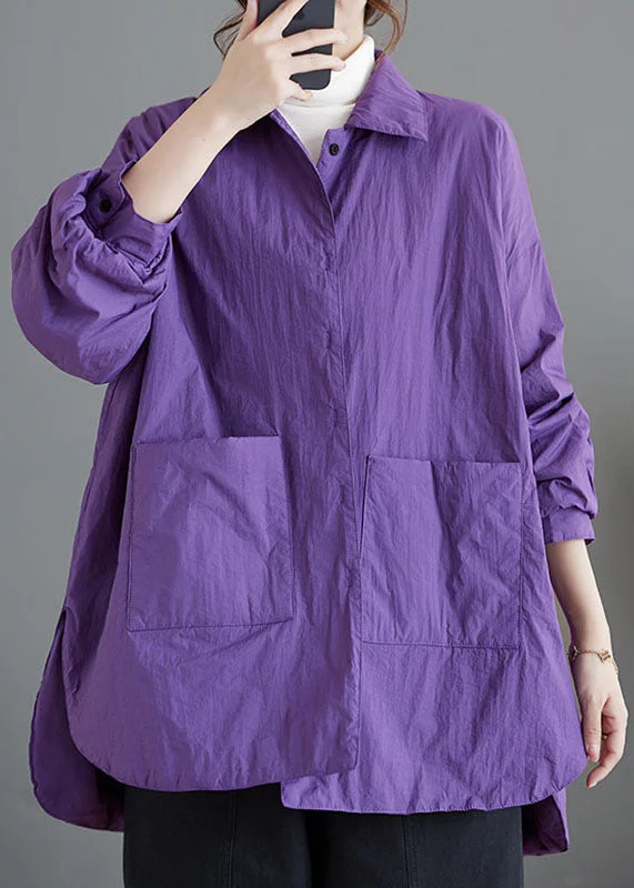 Loose Purple Peter Pan Collar Pockets Patchwork Parkas Coats Long Sleeve Summer Splash Sale