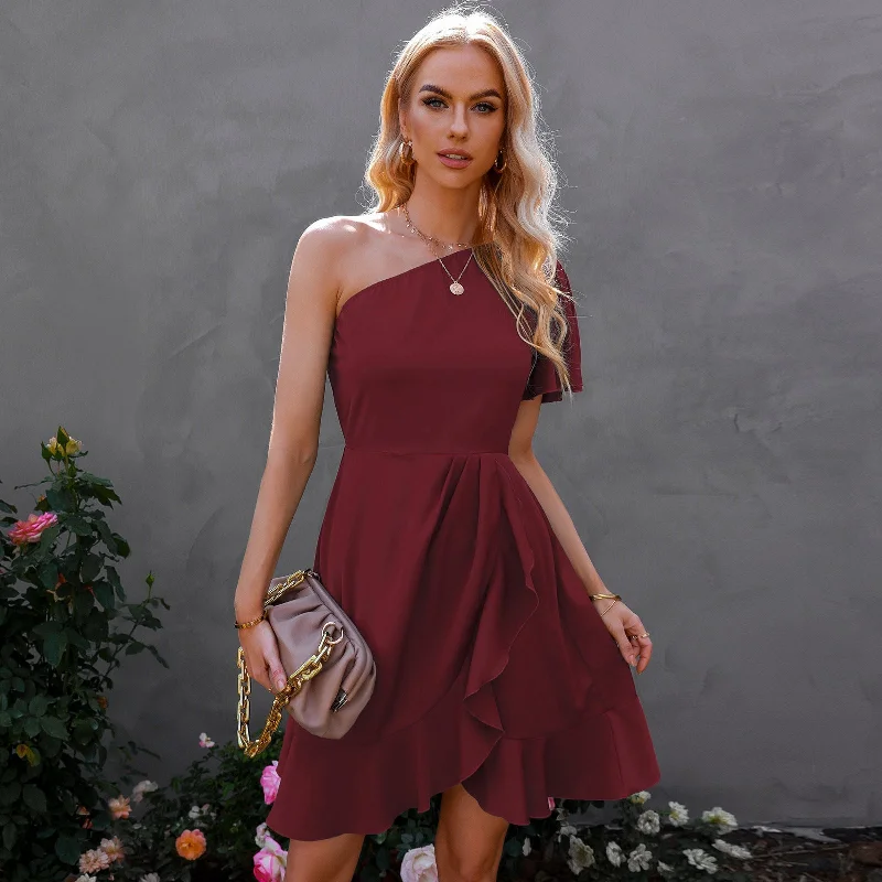 Kaine Satin One Shoulder Ruffle Dress - Red - FINAL SALE Summer Essentials