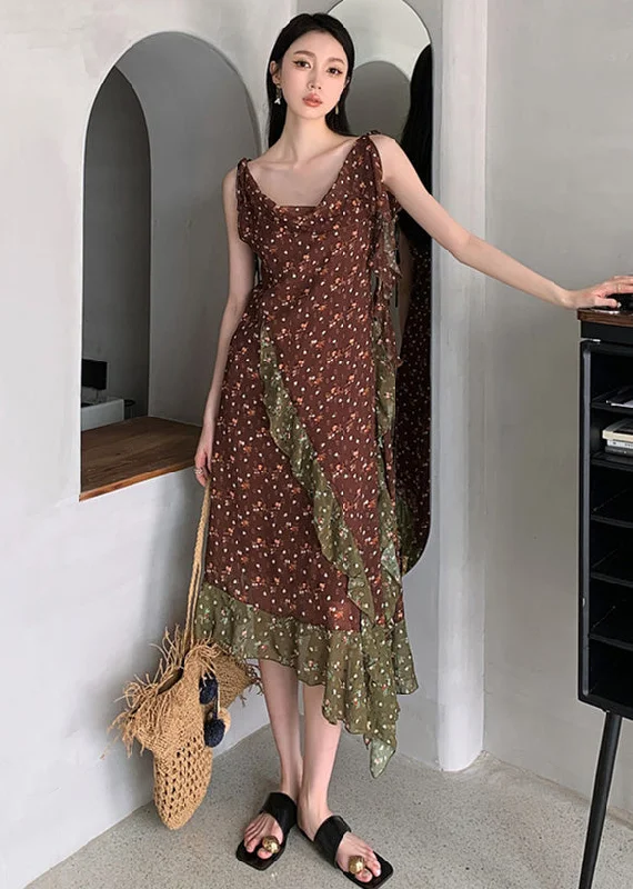 Beautiful Chocolate Ruffled Patchwork Print Chiffon Long Dresses Sleeveless Spring Fashion