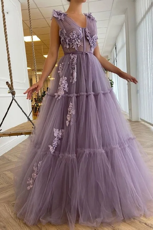 Mauve Purple V Neck Tulle Boho Prom Dresses Long with Lace Gown    cg21553 Limited Styles