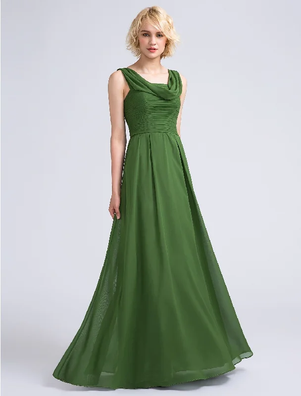 A-Line Bridesmaid Dress Cowl Neck Sleeveless Open Back Floor Length Chiffon with Ruched Winter Warm - Up Sale