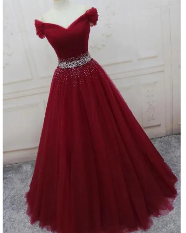 Burgundy / Bright Pink Off Shoulder Beaded Belt Long Tulle Ball Gown Prom Dresses Seasonal Sale