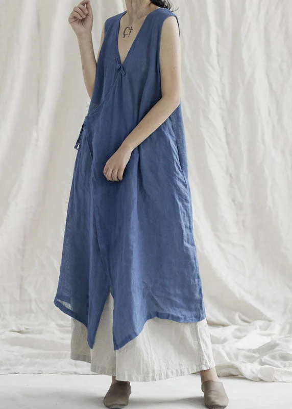 Boutique Blue V Neck Pockets Linen Dresses Sleeveless Y2K Nostalgic Fashion Look