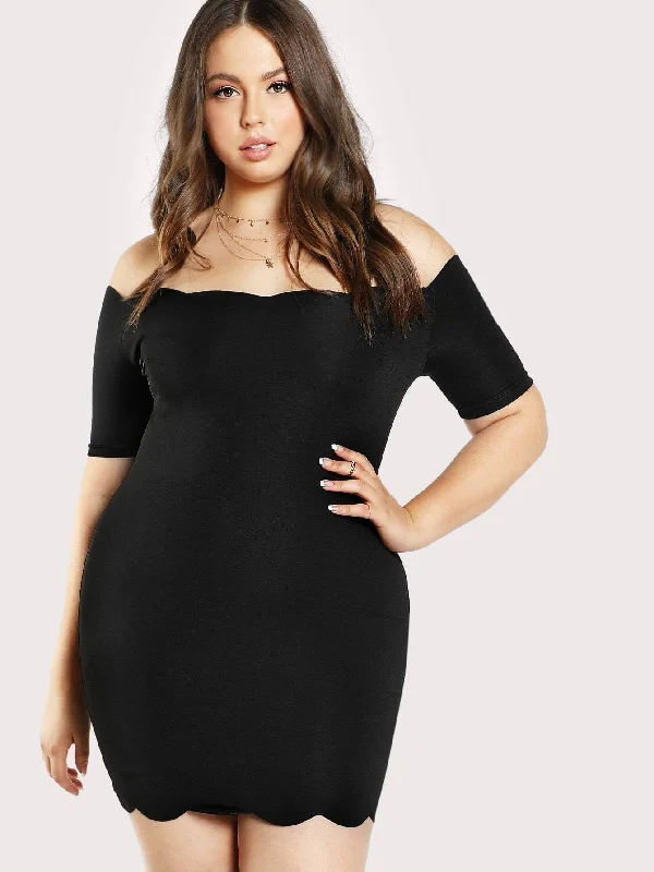 Plus Scalloped Trim Off the Shoulder Bodycon Dress Early Access To Art Deco Styles Sale