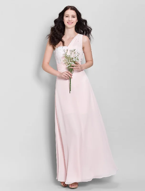 Sheath / Column Bridesmaid Dress One Shoulder Sleeveless Elegant Ankle Length Chiffon with Beading Beat The Heat In Tropical Styles