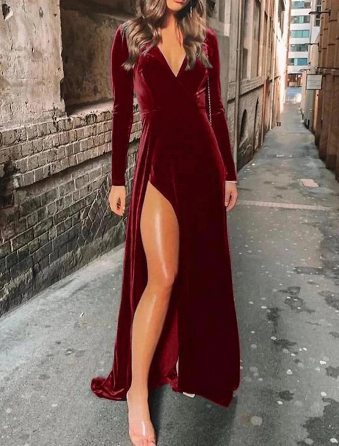 A-Line Bridesmaid Dress V Neck Long Sleeve Sexy Sweep / Brush Train Velvet with Split Front End - Of - Month Blowout