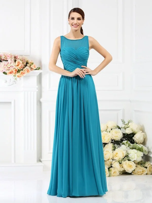 A-Line/Princess Bateau Pleats Sleeveless Long Chiffon Bridesmaid Dresses Feminine Soft - Hued Styles