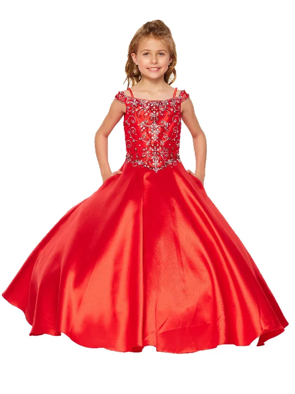 Little Girls Red Rhinestone Crepe Satin Off Shoulder Ball Gown 2-6 Final Clearance