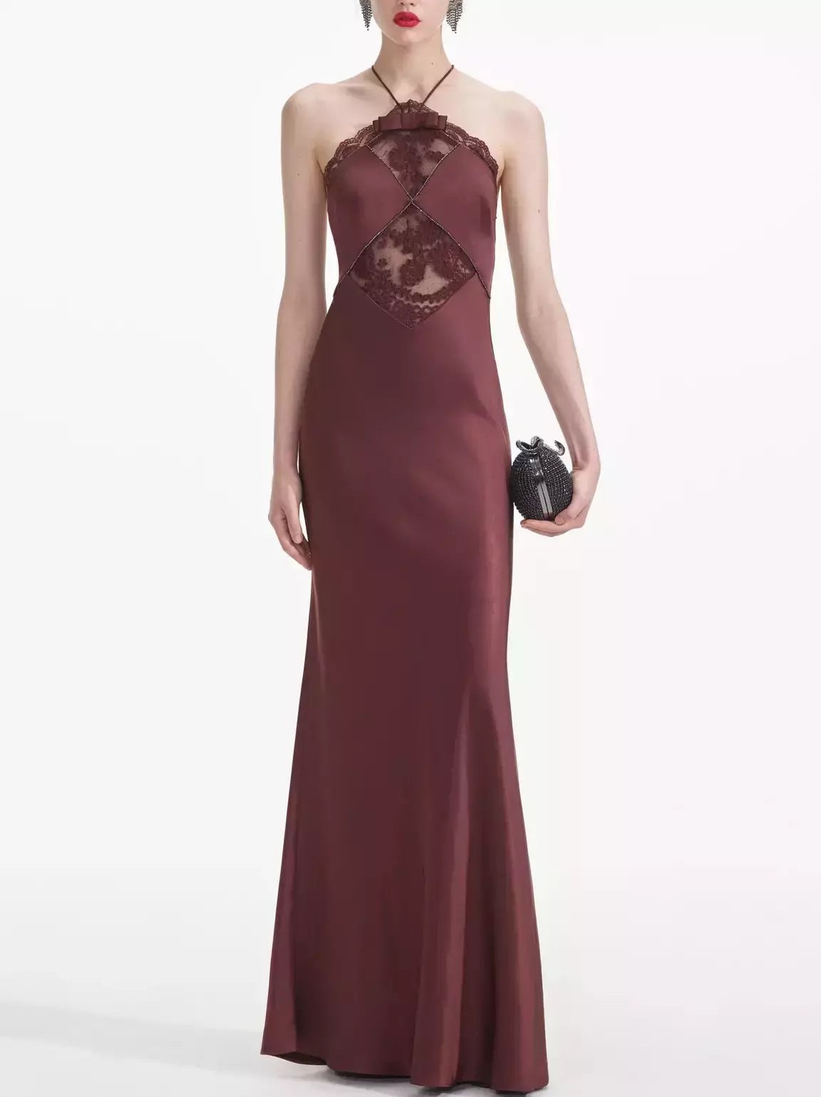 Satin Sleeveless Maxi Dress with Lace Detailing Elegant Style