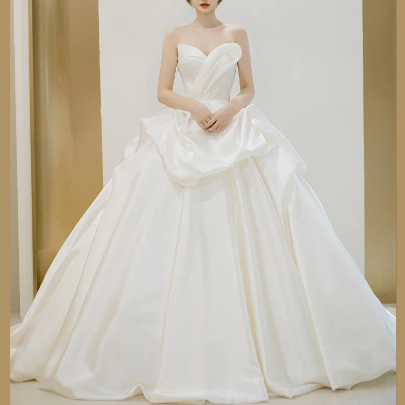 Ruffle Strapless Satin Wedding Dress Bridal Gown with Puffy Skirt Buy More, Save More