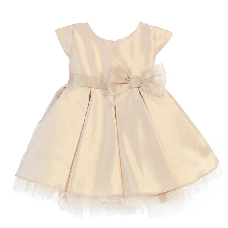 Baby Girls Champagne Satin Full Pleated Bow Christmas Dress 6-24M First Order Discount