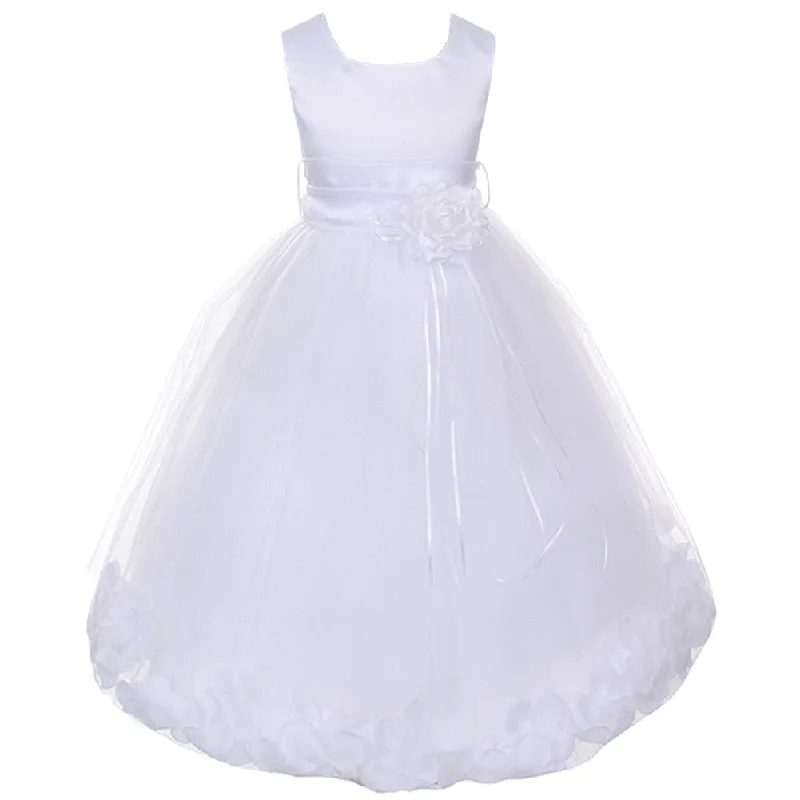 Big Girls All White Satin White With Sash Floating Petal Flower Girl Dress 8-14 Classic Charm