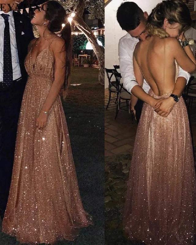 Siaoryne Rose Gold Bling Bling Women Sexy Backless Long Evening Gowns with Straps  Sequins PL1211 Cottagecore Rustic Charm Style