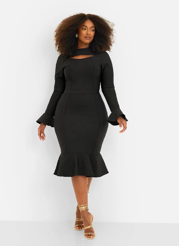 Amie Bandage Bell Sleeve Midi Bodycon Dress - Black Romantic Detailing