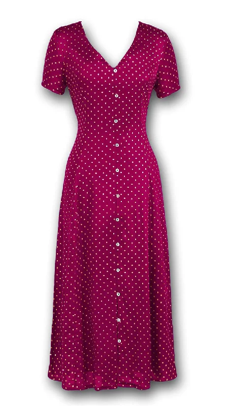 J. Peterman Women's V-Neckline Short Sleeve Button Front Satin Flowy Maxi Dress with Mini Polka Dots Ethnic Cultural Event Wear