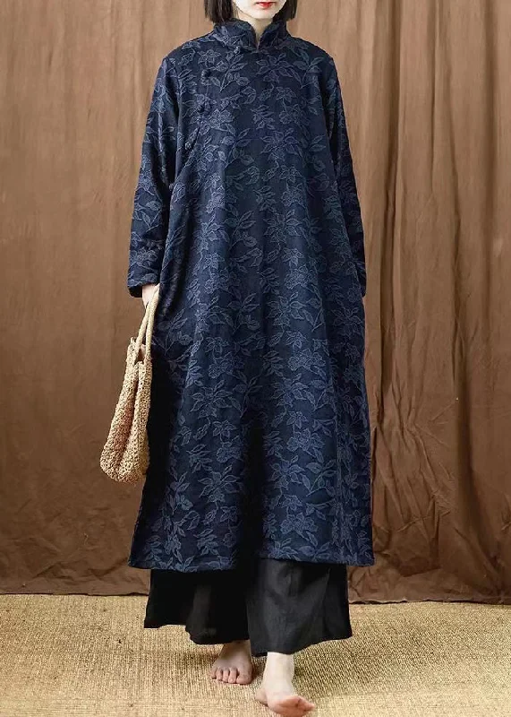 Jacquard Navy Button Pockets Cotton Dress Long Sleeve Clearance Event