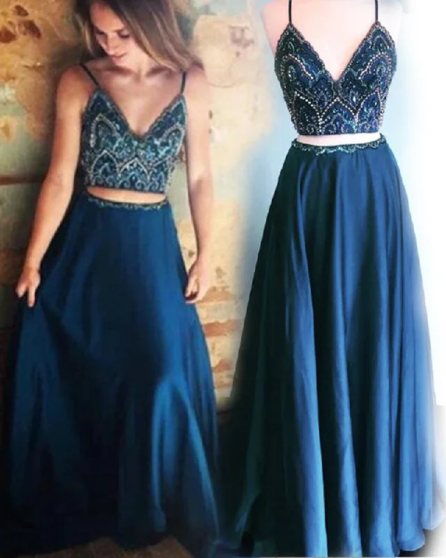 LP1113 Crop Top Spaghetti Straps Navy Blue Evening Prom Dress Long Graduation Gown with Beading Two Pieces Out fit sets Contemporary Elegance