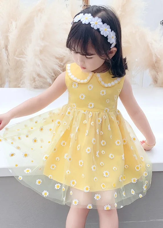 Stylish Yellow Patchwork Tulle Kids Long Dresses Sleeveless Limited Quantities