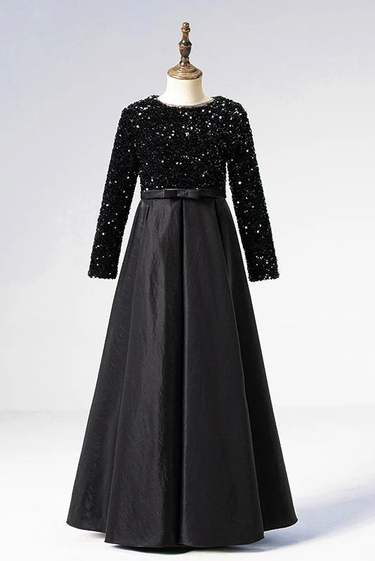 A Line Black Long Sleeves Beaded Flower Girl Dresses Holiday Sale