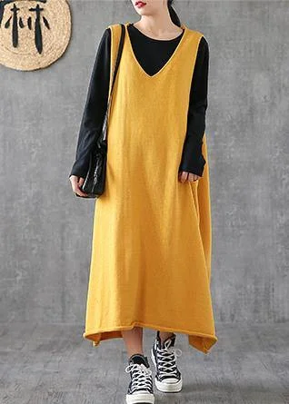 Loose yellow clothes Women v neck sleeveless loose Dress Sophisticated Cut