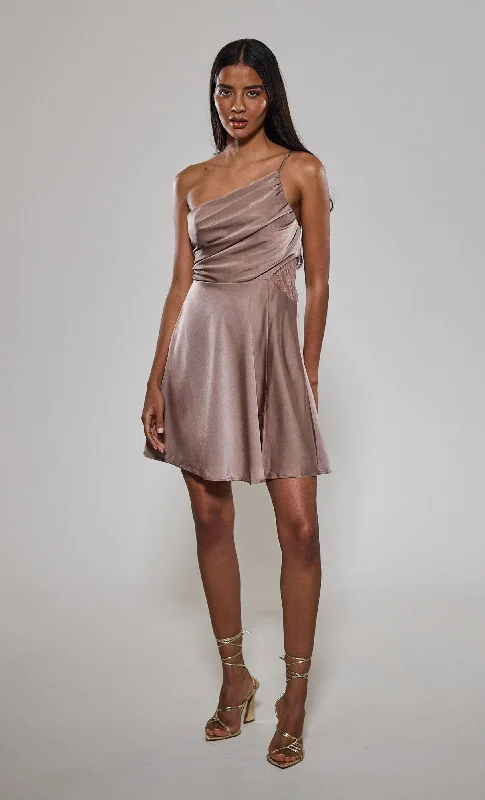 Mink One Shoulder Satin Mini Dress Fashion-Forward