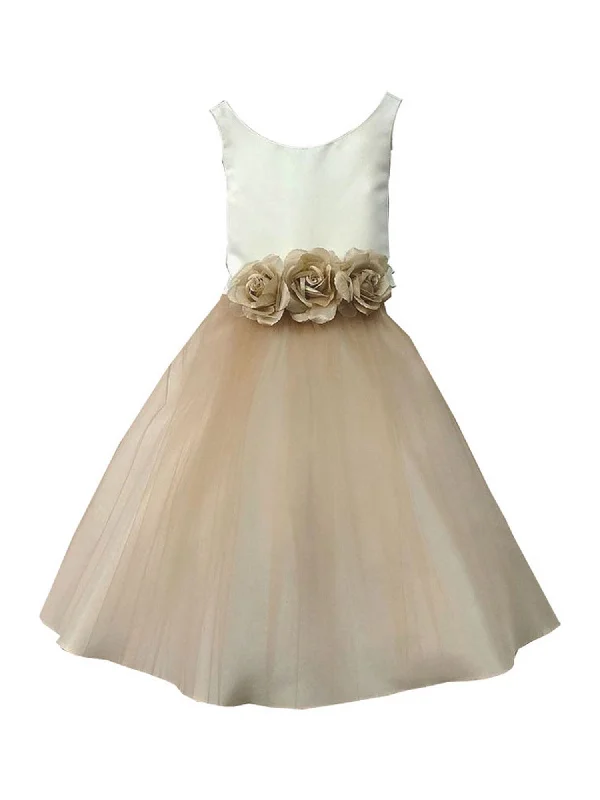 Little Girls Champagne Silk Satin Tulle Flower Girl Dress 2-6 Summer Splash Sale