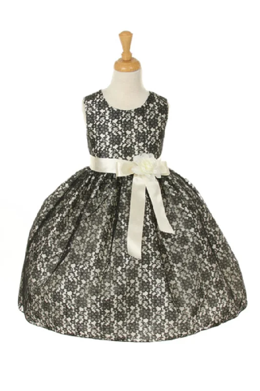 Girls Black Lace Ivory Sash Satin Flower Girl Dress 2-14 Chic Allure