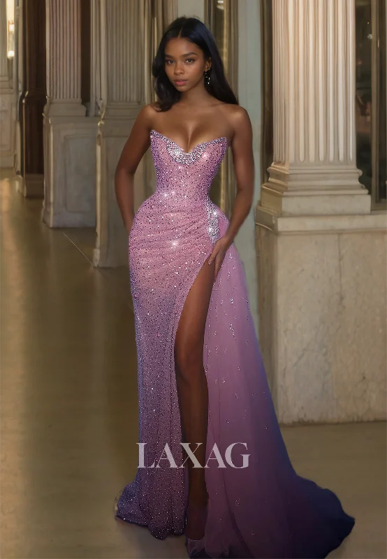 Beaded Sweetheart Off-Shoulder Sleeveless Sequined High Slit Pleated Mermaid Prom Dress with Train Buy More, Save More