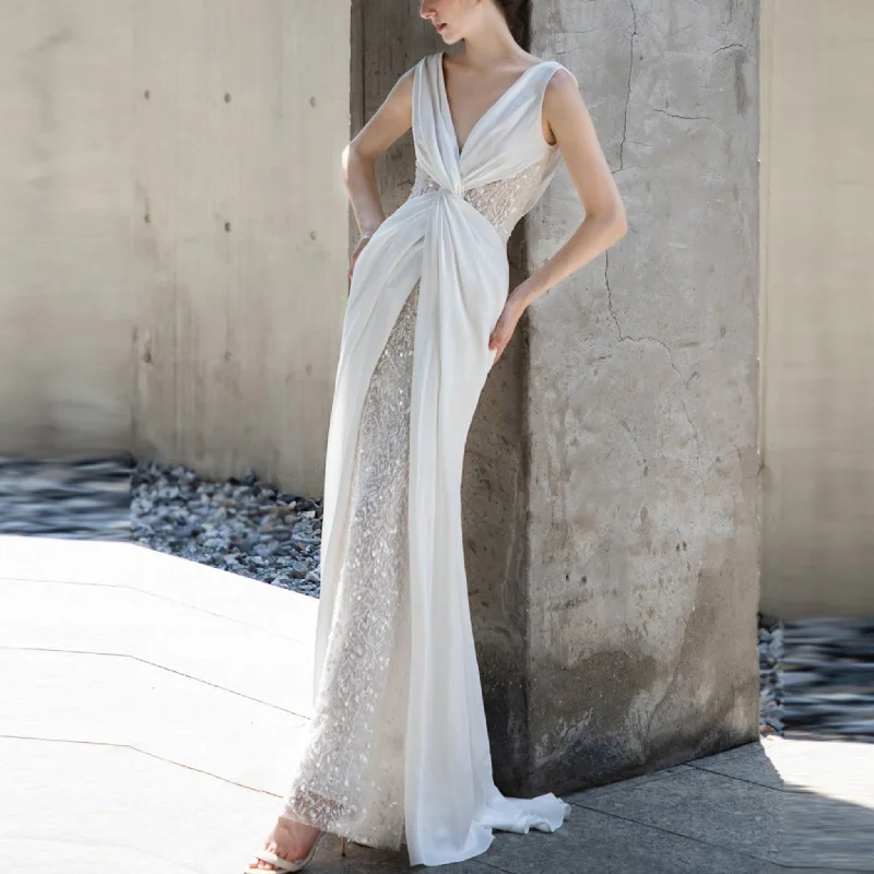 Mermaid Fitted Beaded Wedding Dress With Deep V-neckline Seasonal Sale