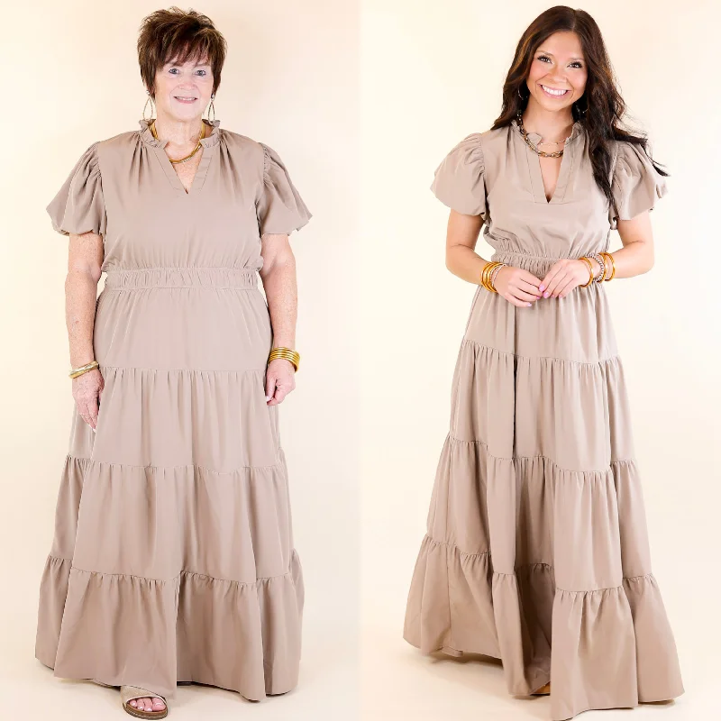 Table for Two Tiered Maxi Dress with Puff Sleeves in Light Mocha Brown Now On Sale For Chic Urban Styles