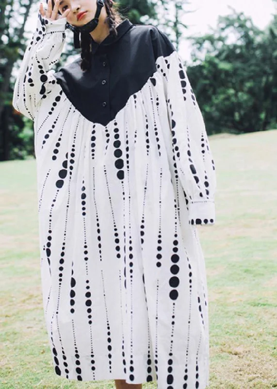 Black White Dot Circle Peter Pan Collar Cotton Long sleeve Dress Seasonal Sale